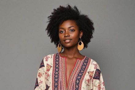 Femme métisse avec boucles d'oreilles bois Koala Shop bijoux