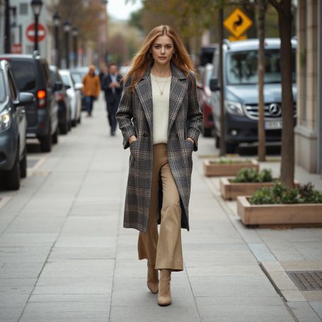 Manteau à carreau long avec bottes à talons et bijoux en bois koala shop