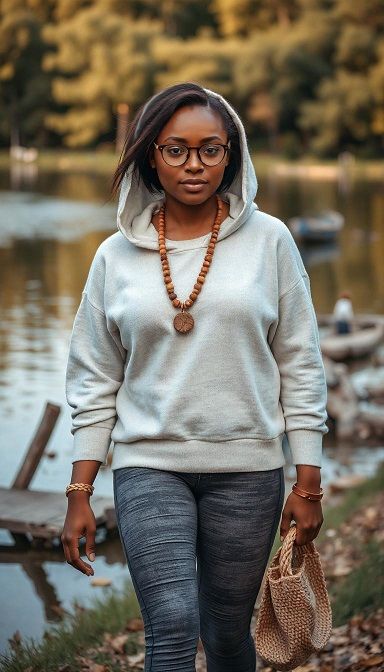 Legging gris noir, gros pull blanc à capuche et bijoux bois Koala Shop