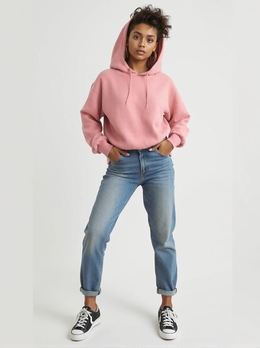 Sweat capuche, jean mom et Créoles bois Koala Shop bijoux Français