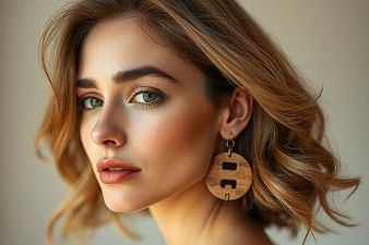 Femme portant des boucles d'oreilles en bois koala shop bijoux