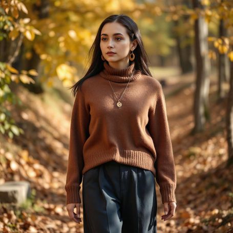 Pull en laine marron avec pantalon semi-large bleu et bottes et bijoux en bois Koala Shop