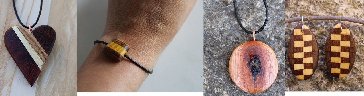 Acheter des bijoux en bois en ligne Koala Shop, pendentif coeur, bracelet, collier en amandier et boucles d'oreilles damier