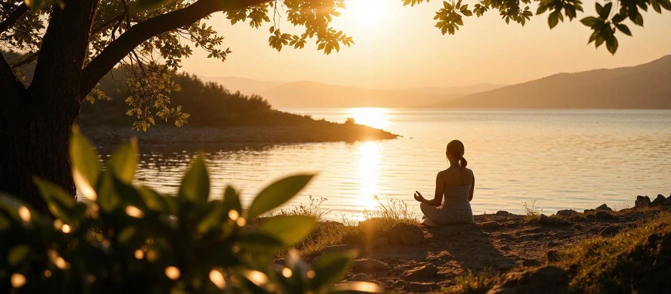 Femme qui médite au bord de l'eau sur un couché de soleil