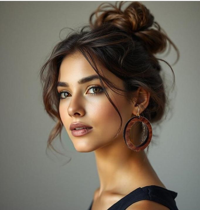 Chignon décoiffé avec les créoles en acajou Ophélia, bijoux bois Koala Shop