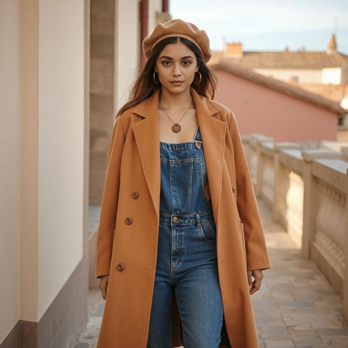Ensemble salopette béret manteau long avec bijoux Koala Shop