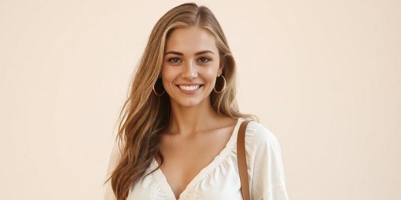 Femme avec créoles en bois, bijoux Koala Shop