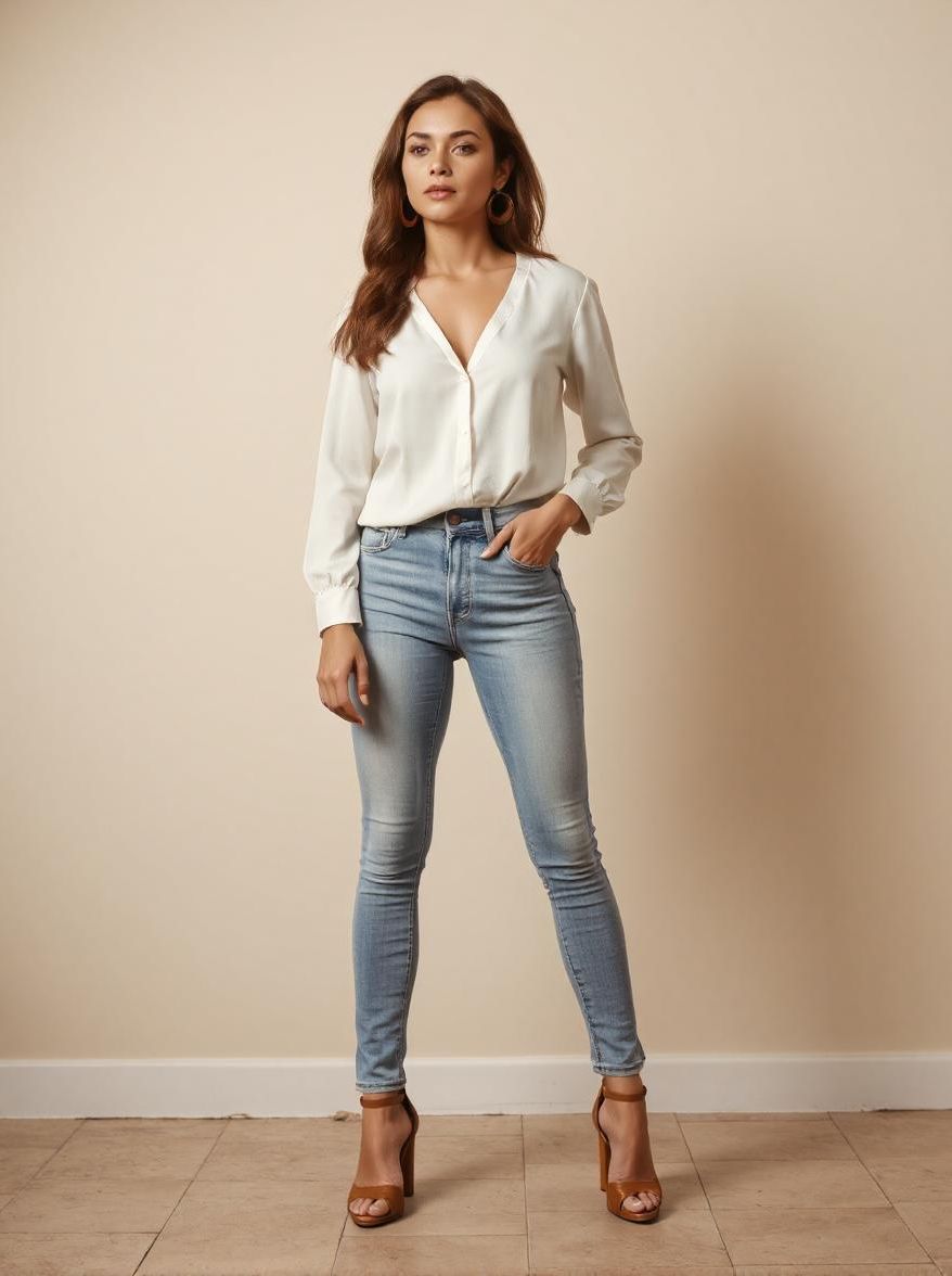Chemisier, jean skinny avec des boucles d'oreilles créoles, Koala Shop bijoux en bois