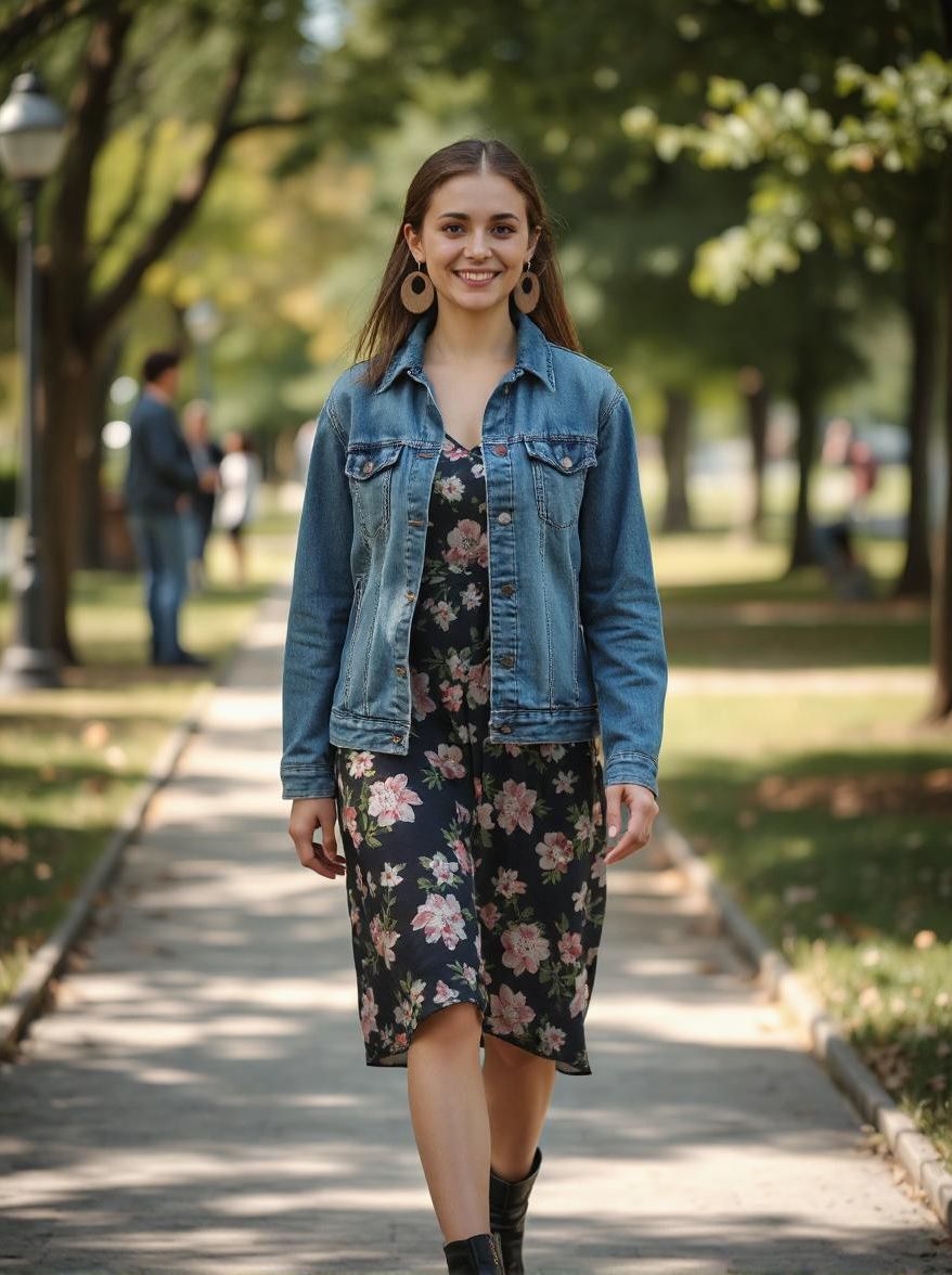 Veste jean, robe fleurie et créoles en bois Koala Shop bijoux