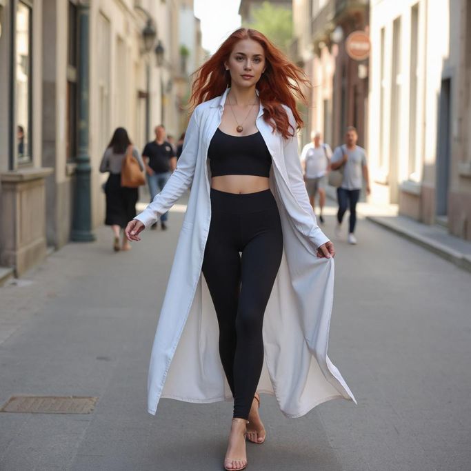 Tenue Femme long manteau blanc legging sport avec bijoux en bois Koala Shop
