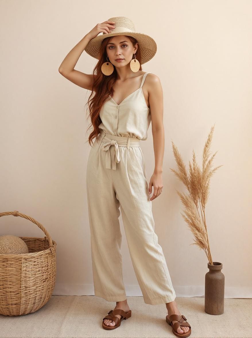 Combi-pantalon en lin, boucles d'oreilles Créoles bois Koala Shop bijoux