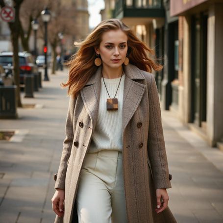 Manteau à carreau long avec bottes à talons carrés et bijoux en bois koala shop