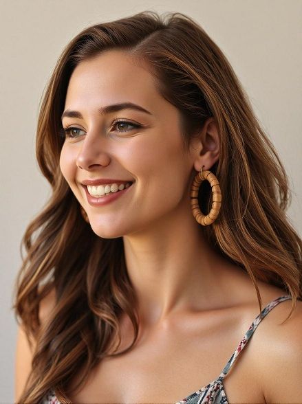 Heureuse avec des boucles d'oreilles créoles en bois Koala Shop Bijoux