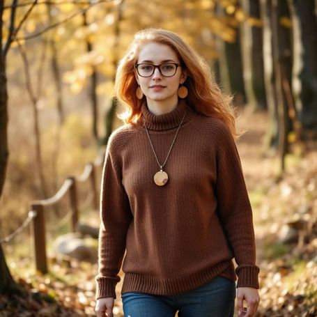Pull d'hiver en laine marron avec pantalon semi-large bleu foncé et bottes et bijoux en bois Koala Shop