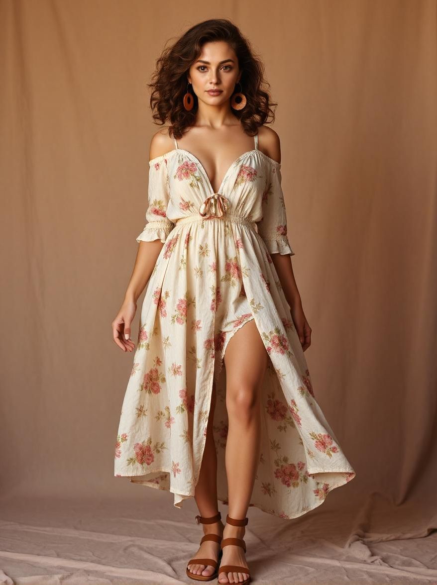 Robe bohème avec des boucles d'oreilles créoles, Koala Shop bijoux en bois